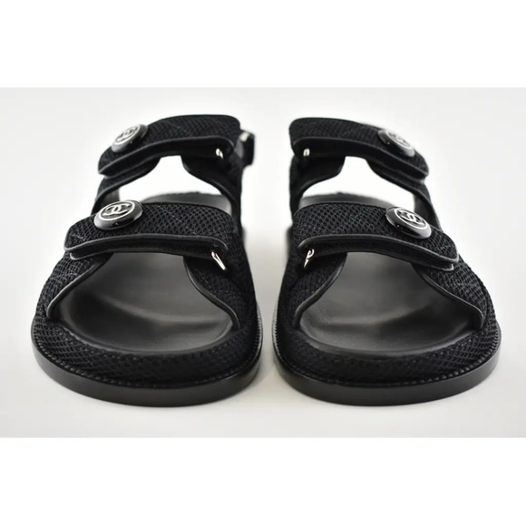 Chanel 21C Black Fabric Silver Logo Mule Slide Strap Flat Teva Dad Sandal 39 - Picture 7 of 12